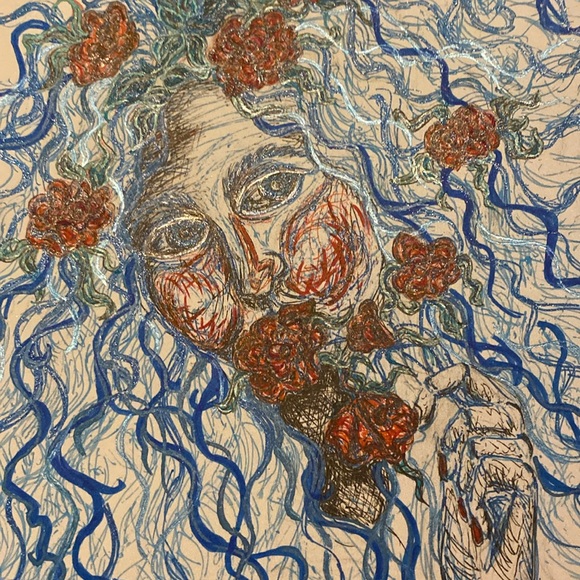 Unframed Original Art Illustration Drawing Portrait w Roses in Gel Pen & Ink - Picture 3 of 5